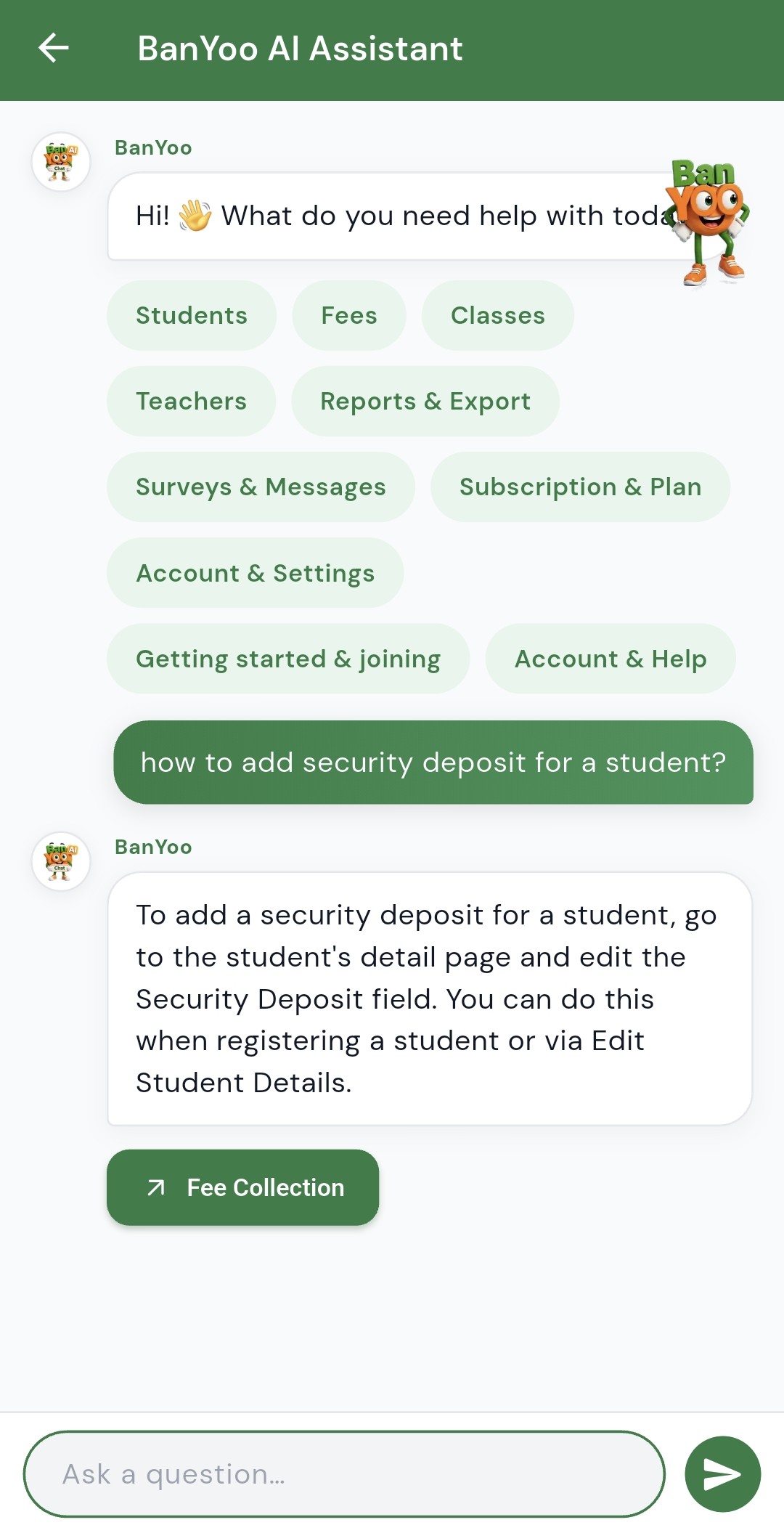 BanYoo AI Assistant answering a how-to question with a quick-action link