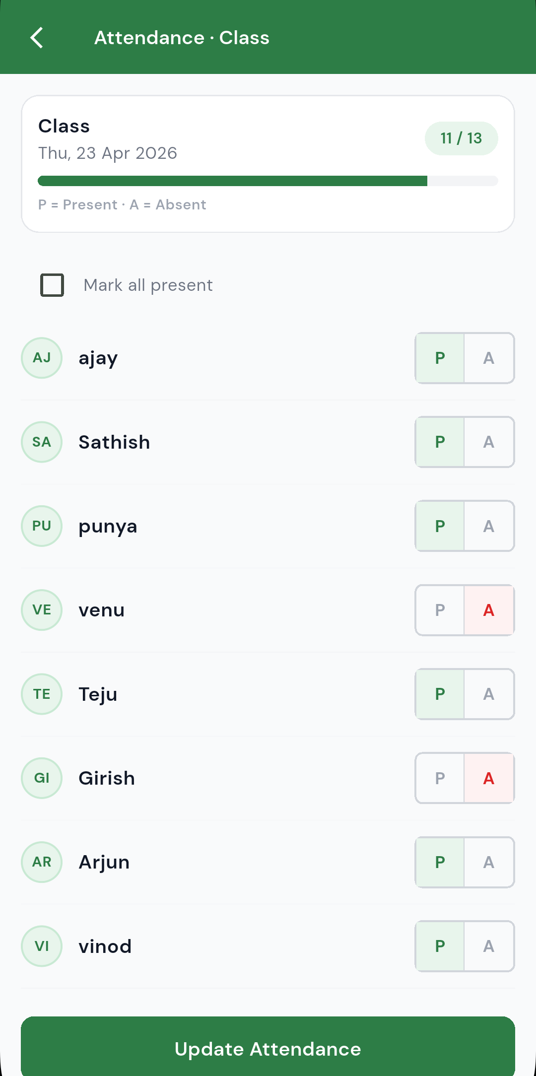 Attendance marking screen in BanYoo Tutor